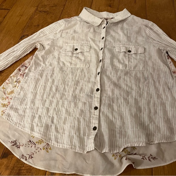 Free People Cream Striped Button Down Shirt with See Through Floral Back - Picture 5 of 12